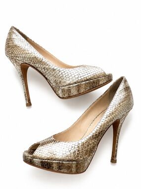 Christian Dior Platinum Snake Skin Peep-toe Heels 36